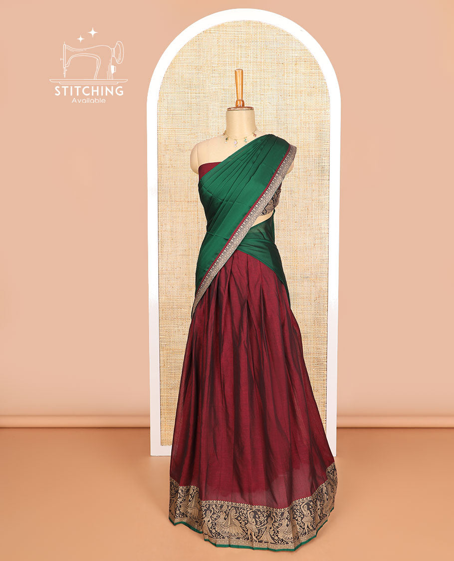 Maroon cotton half saree with contrast wedding design border, zari design blouse & plain , zari design border dhavani