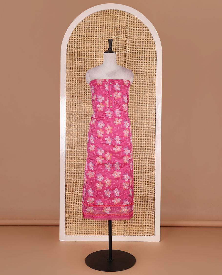 Pink churidar material set, floral print with thread outlined organza top, plain santoon bottom, and floral vine sequins embroidered organza dupatta