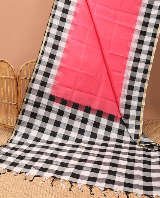 Pink plain design soft silk saree, contrast multi-colored checked design border & pallu