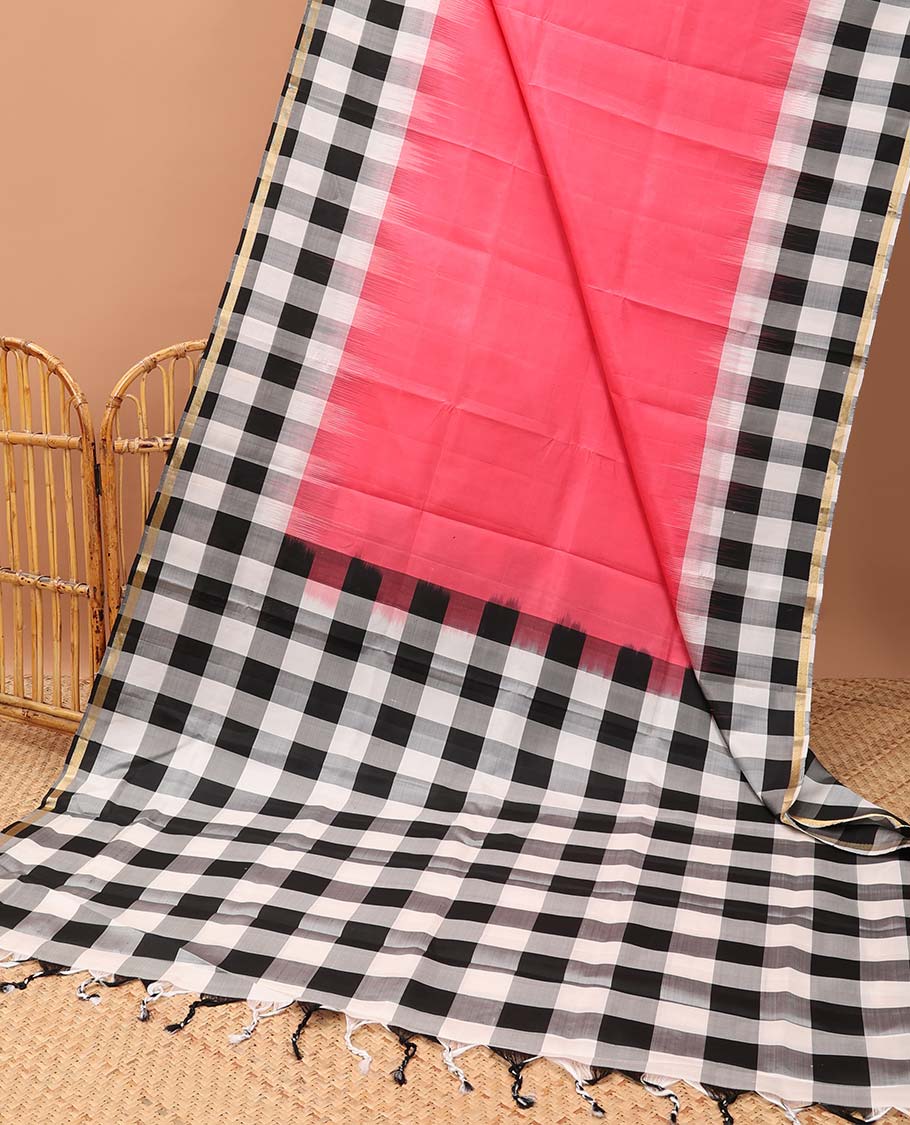 Pink plain design soft silk saree, contrast multi-colored checked design border & pallu