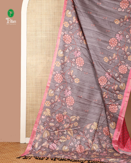 Grey floral digital printed semi tussar silk saree with kalamkari design border & kalamkari design pallu along with printed blouse