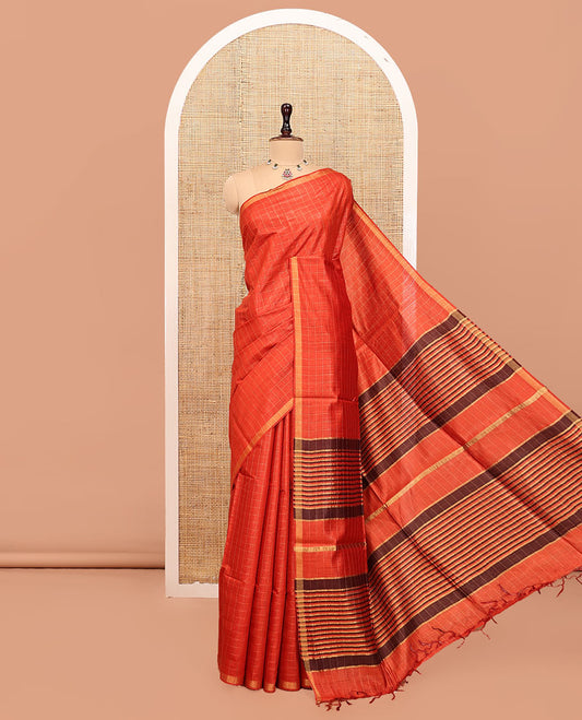 Orange Tussar Silk Saree, Sparsely Threaded with Checks, a Subtle Border, a Striped Pallu, and a Matching Blouse