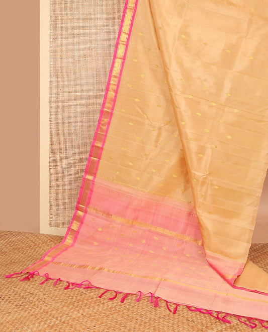 Light orange floral buttas kancheepuram silk saree with contrast zari design border & striped, floral design pallu