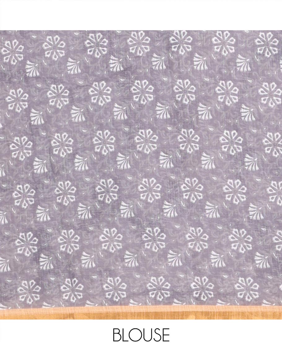 White-Grey Linen Cotton Saree, Accentuated with Shibori-Printed Body, Highlighted by Piping Border,  Floral Printed Pallu, and Contrast Blouse
