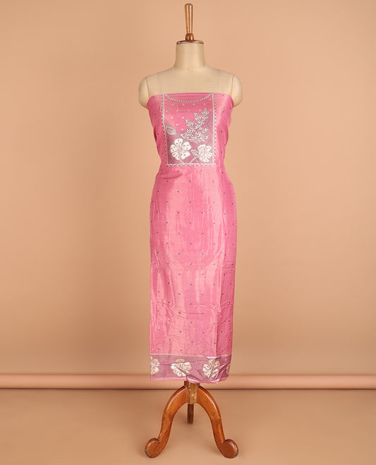 onion pink chudidhar material chanderi tissue neck weaving thread, floral butta top with satin cotton pants & chanderi tissue zari weaving dupatta