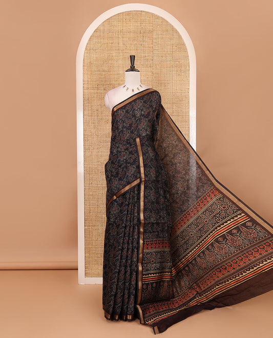 Black Ajrakh-style printed Muslin cotton saree, contrast zari border, Ajrakh printed pallu & contarst buttas printed blouse