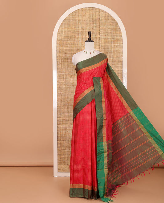 Tomato pink plus thread buttas semi-soft saree, contrast zari satin border, striped pallu & contrast plain blouse