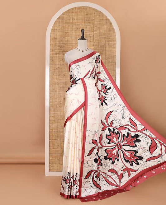 Cream-base batik-style floral printed satin crepe saree, contrast onion pink border, printed pallu & contrast floral printed blouse