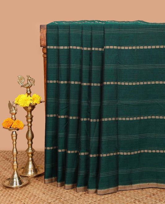 Green arambu design, striped thread narayanapet cotton saree with temple border & cheer pallu along with running blouse