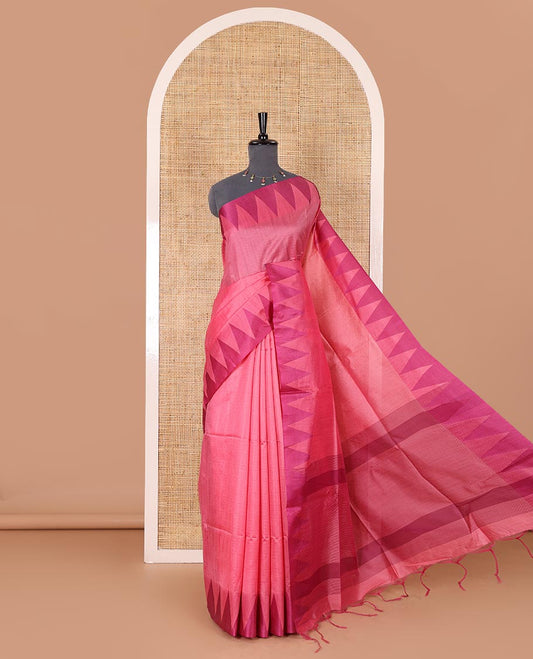 Pink sparsely striped semi-tussar saree, contrast temple red border, striped pallu, and contrast blouse