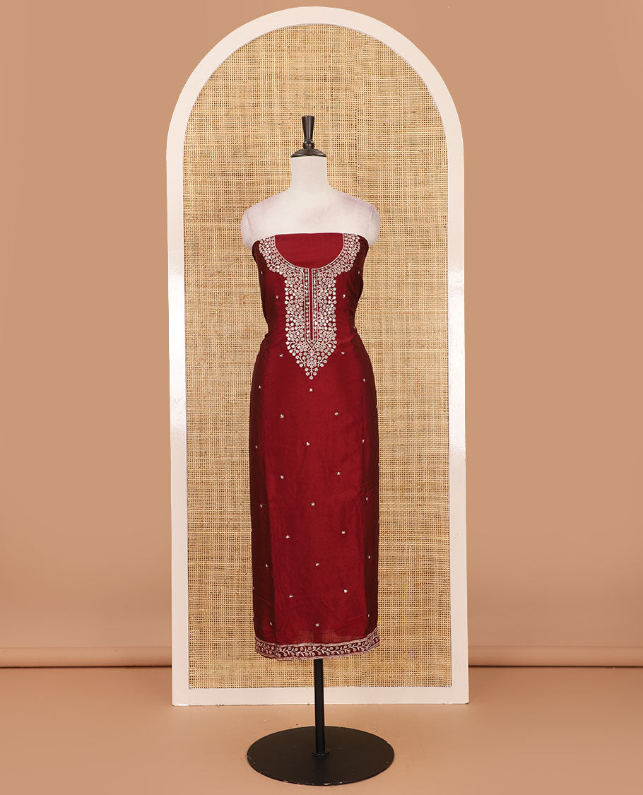 Maroon Vichitra silk material chudidar set, floral design neck embroidered top, santoon bottom & contrast embroidered Vichitra silk dupatta