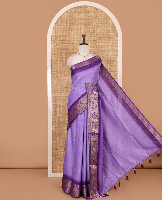 Lavender gold zari vertical striped dola silk saree, contrast traditional zari border of manga design, striped pallu & contrast diamond design blouse