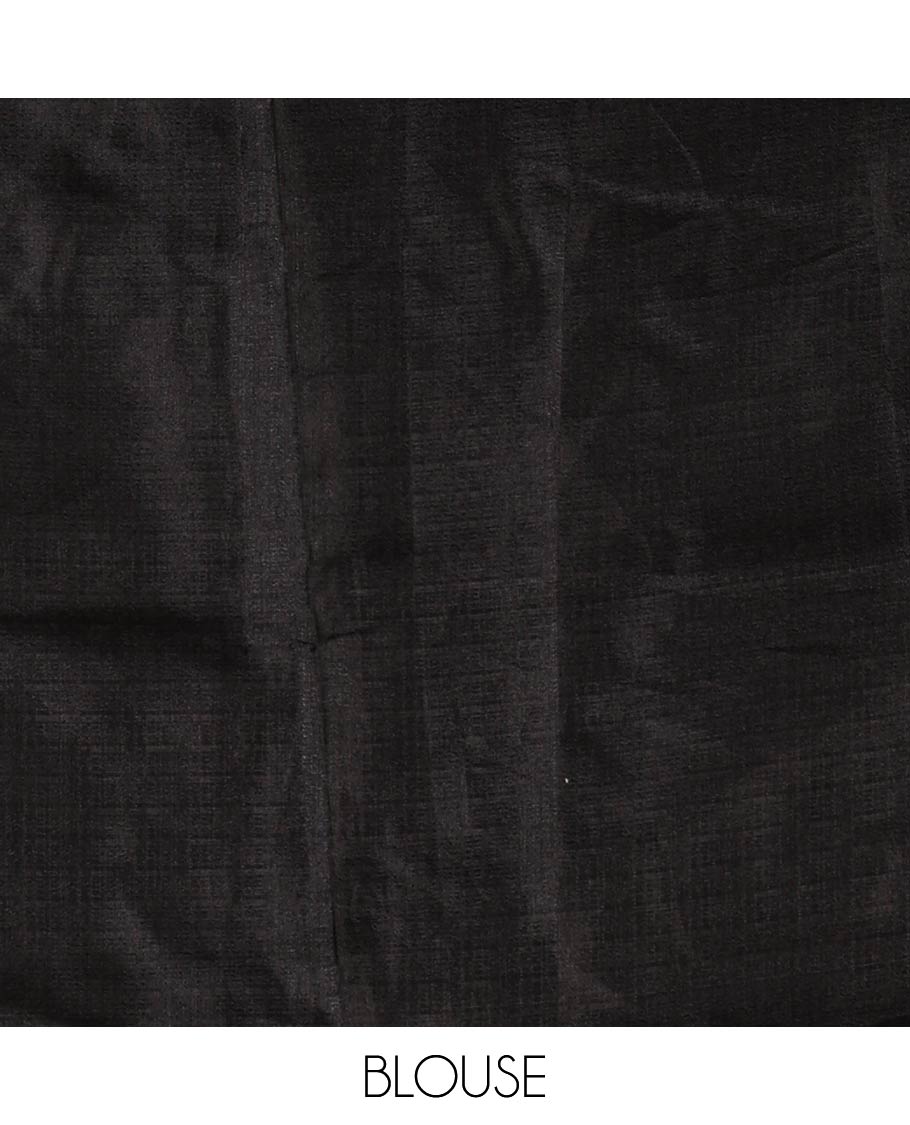 Borderless black abstract-style fancy printed khadi cotton saree, floral-geometric printed pallu & black printed blouse