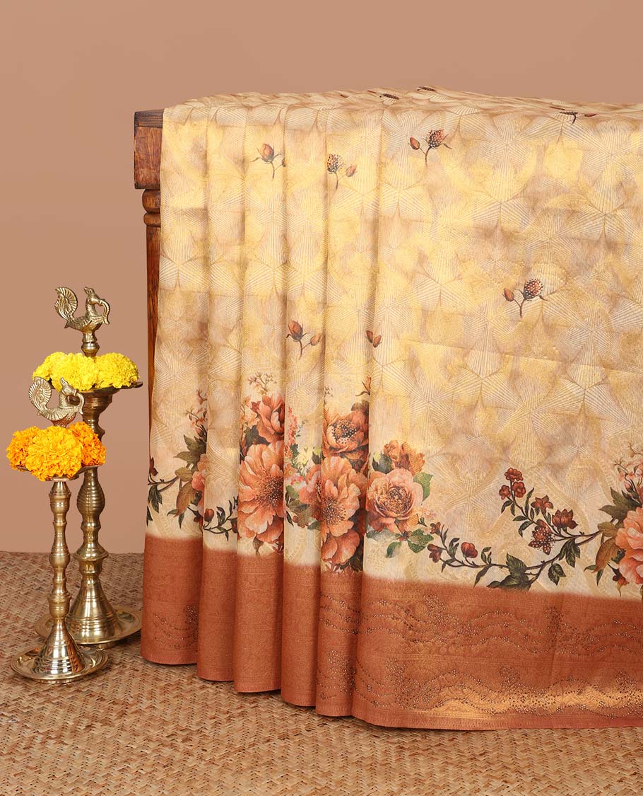 Brown zari weaving with digital printed, swarovski stone work mulberry tissue saree, jacquard, swarovski stone work border & rich weaving pallu along with butta design blouse