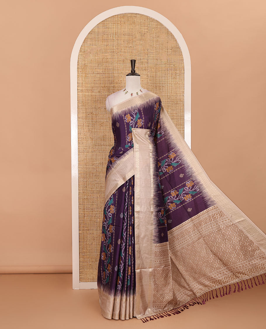 Purple Jamdani-style floral printed katan silk saree, contrast bentex border, geometric printed pallu, and contact printed blouse