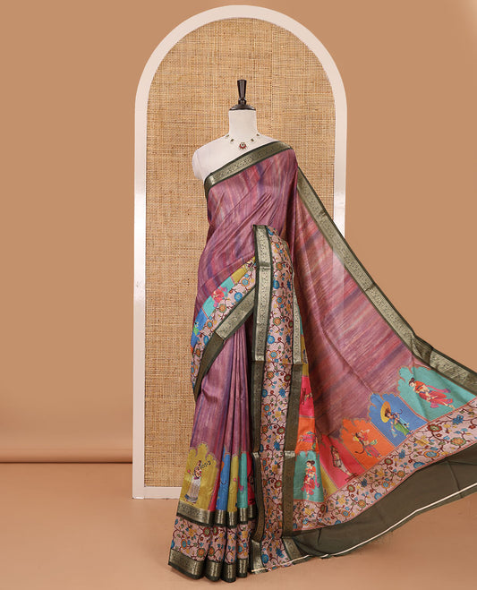 Onion pink tie-dye & human motifs enclosed arcs printed semi-tussar saree,contrast traditional zari rettai pettu floral print border, print pallu & contrast blouse