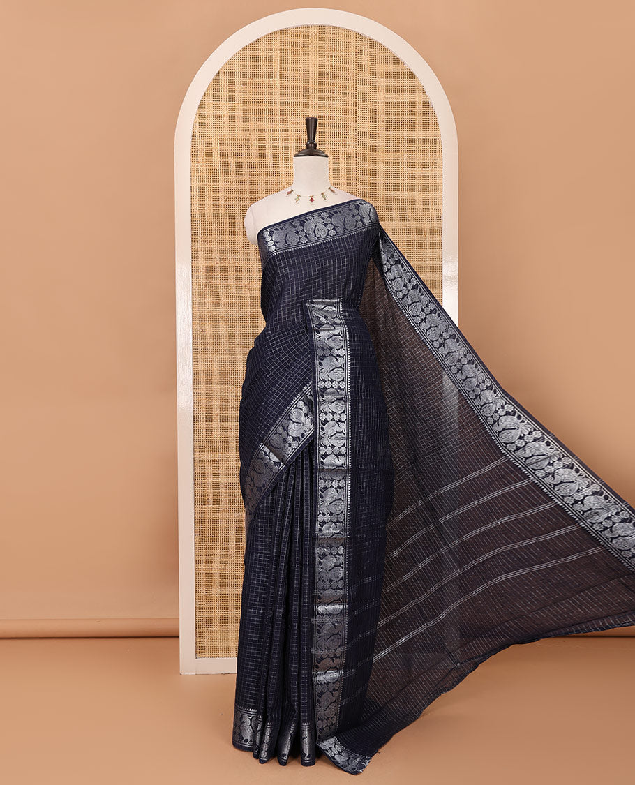 Navy blue zari checked Sungudi cotton saree, zari annam motifs woven border, zari striped pallu & contrast zari checked blouse