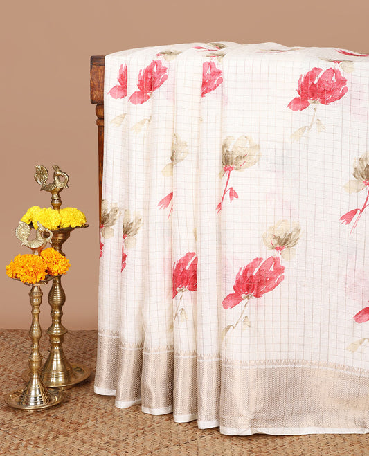 Cream small check zari floral digital floral print crush dola silk saree with zari katti border & printed pallu along with printed blouse