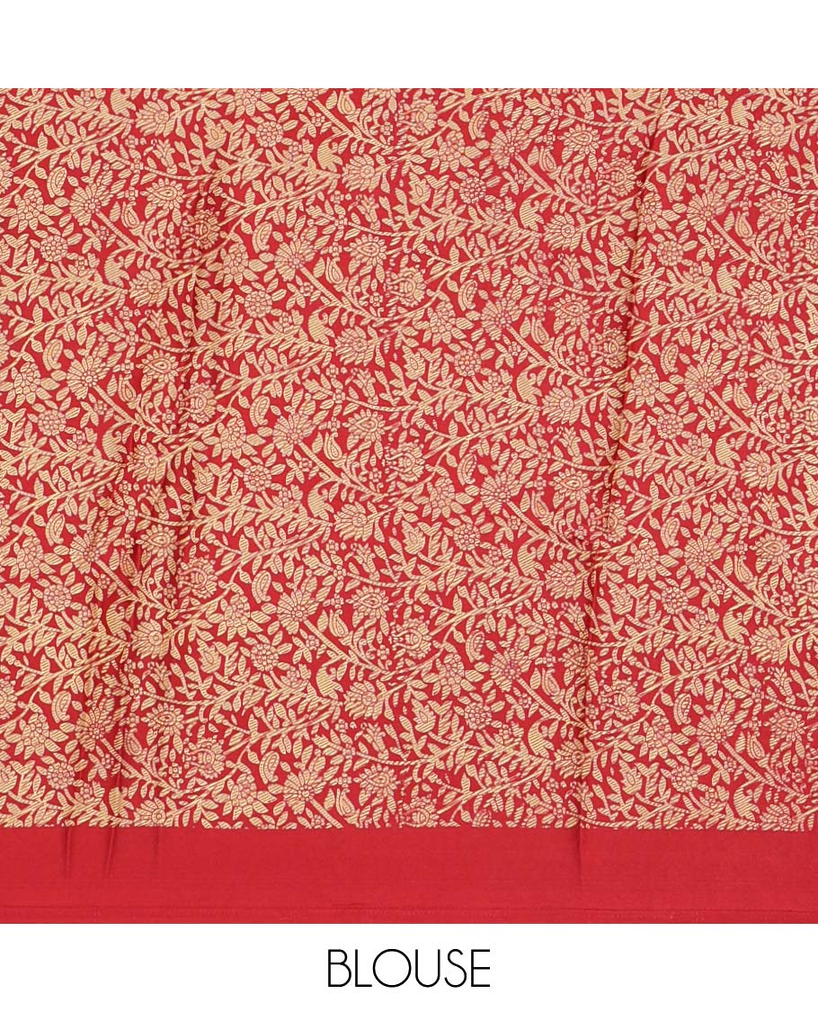Maroon plain gajji silk saree, double-sided position printed border & pallu of animal & human motifs, with floral printed blouse
