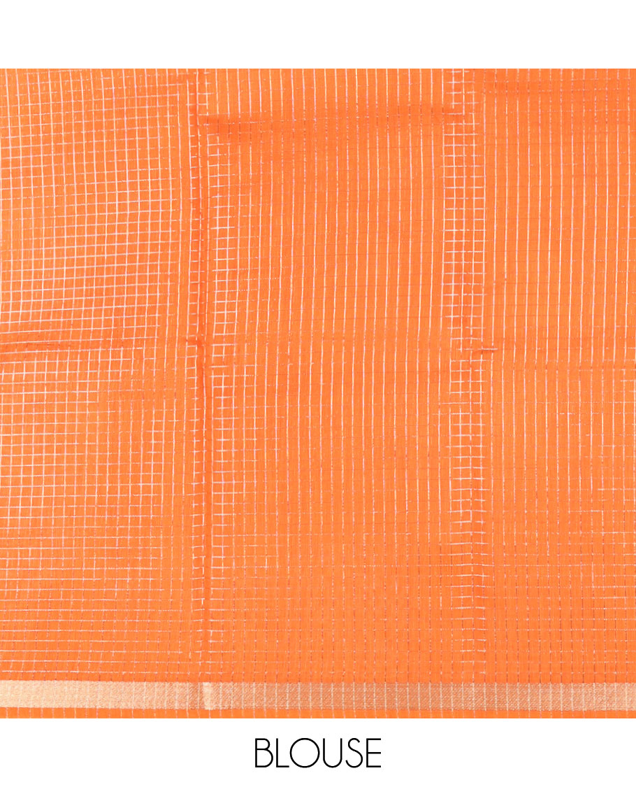 Orange Checked Assam Silk Saree, Highlighted by a Traditional Zari Border, Zari-Striped Pallu, and a Matching Blouse
