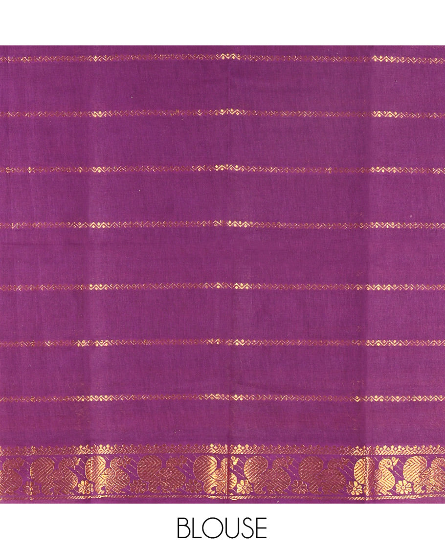 Rani Pink Plain Sungudi Cotton Saree, Highlighted by Traditional Zari Border of Peacock and Elephant Motifs Weave, Subtly Striped Pallu, and Paired with a Contrast Veldhari Design Blouse