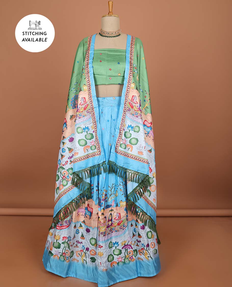 Blue village scenery design half saree with contrast border, buttas design blouse & village scenery design dhavani