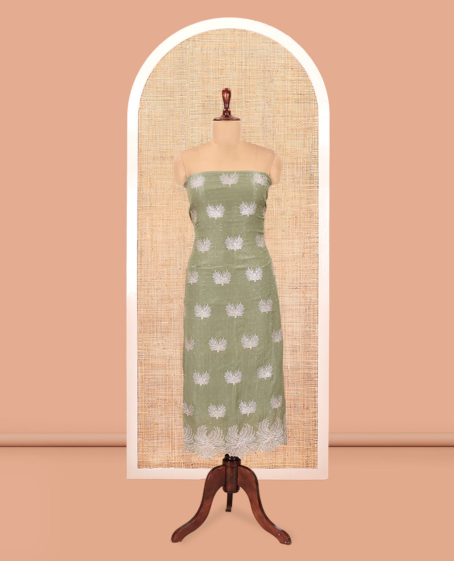 Pista Green Crunchy Chiffon Material Churidar Features Thread Embroidered-Stone Work Top, Plain Bottom, Embroidered Dupatta