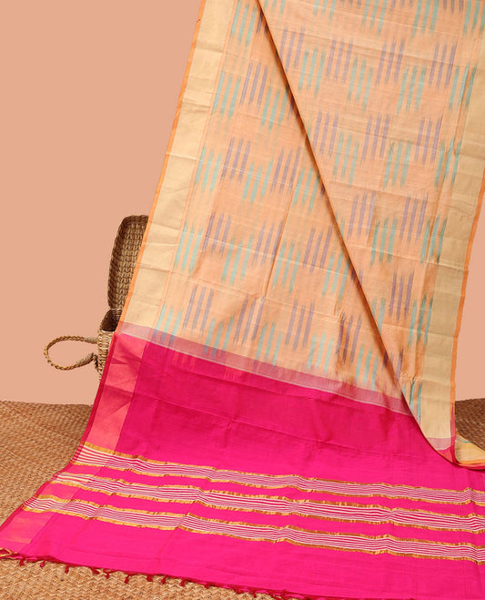 Pale Orange geometric patterned kuppadam cotton saree,bavanji border & contrast striped pallu