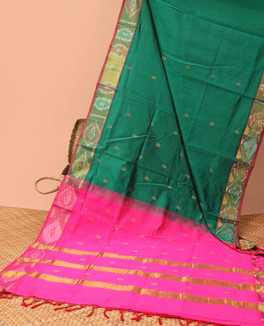 Green kuppadam cotton saree with buttas, contrast ikkat design border & pallu of zari designs