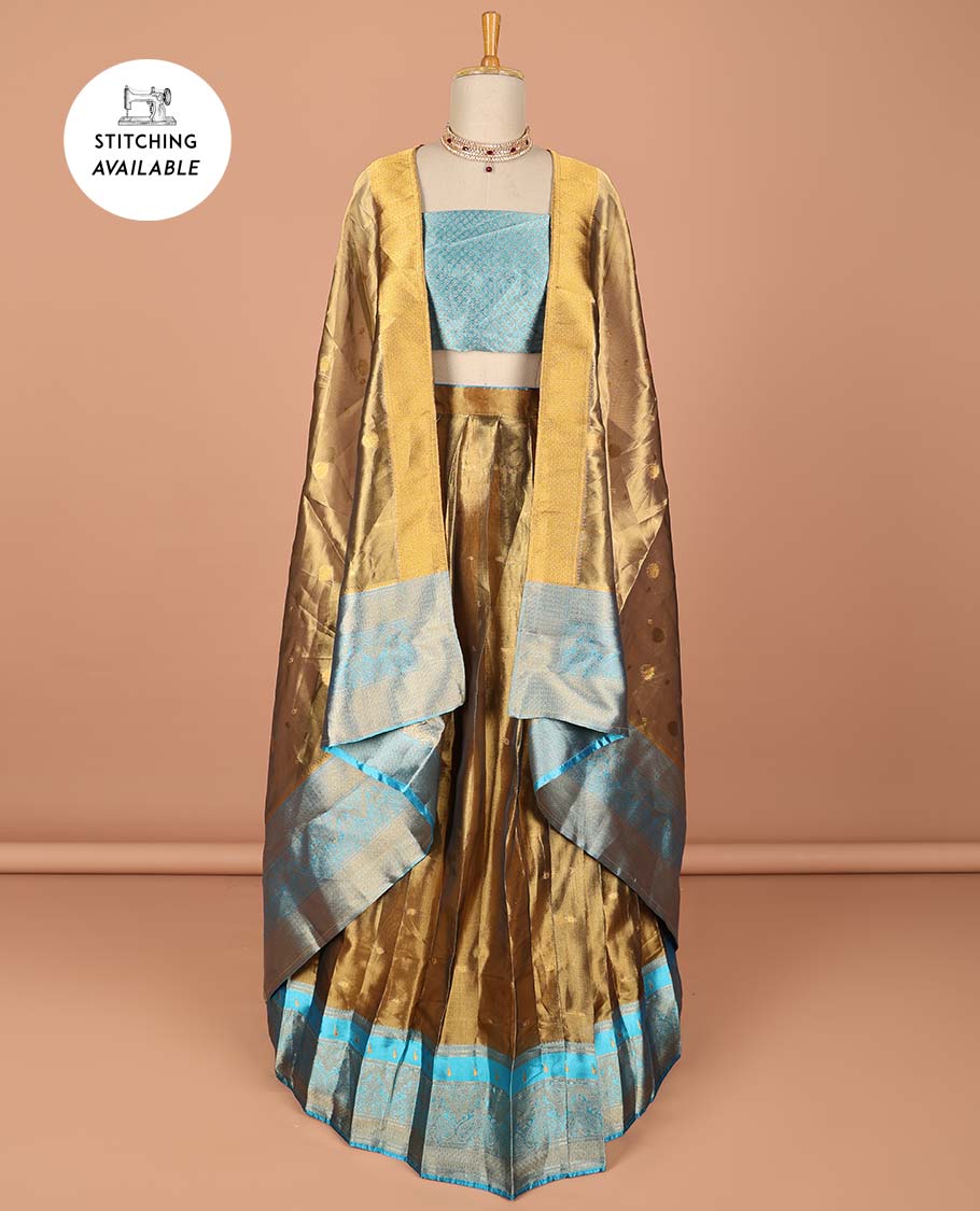 Gold floral buttas half saree with contrast zari border, zari design blouse & floral buttas dhavani