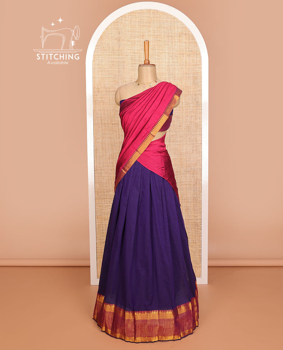 Purple cotton half saree with contrast traditional zari design border, zari design blouse & plain, zari design border dhavani