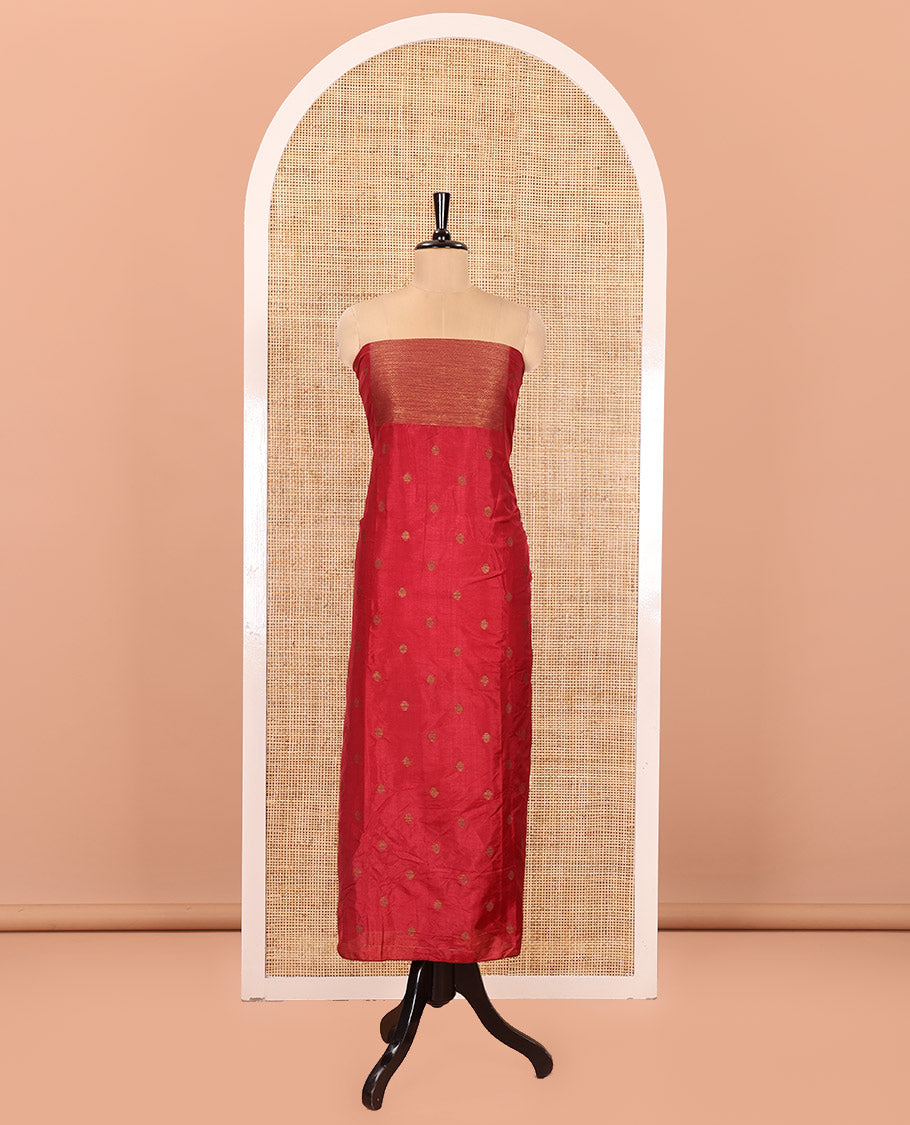 Red Material Churidar Set, Bedecked with Zari Buttas Woven on Its Semi-Silk Top, Comes with a Plain Santoon Bottom, and a Semi-Silk Floral Jaal Zari Jacquard Dupatta