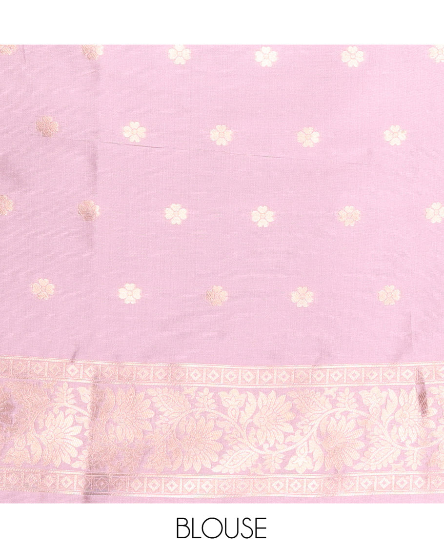 Lavender Elite Soft Silk Saree Features Jacquard Design, a Zari Border, Paisley Pallu, Matching Blouse