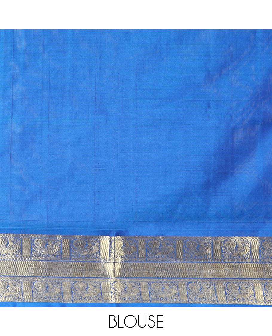 Navy Blue Venkatagiri Silk Saree, Detailed with Zari Designs All Over Its Body, Complemented by a Contrast Traditional Zari Border of Peacock Designs, Pallu of Peacock Designs, and Paired with a Contrast Blouse