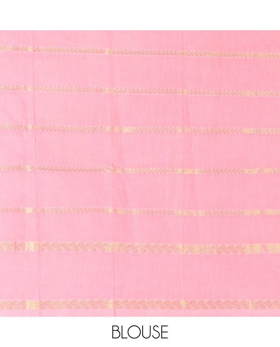 Black Sungudi Cotton Saree, Adorned with Leaf Vine Zari Stripes All Over Its Body, Complemented by a Contrast Leaf Vine Zari Striped Border, Zari Design Pallu, and Paired with a Contrast Blouse
