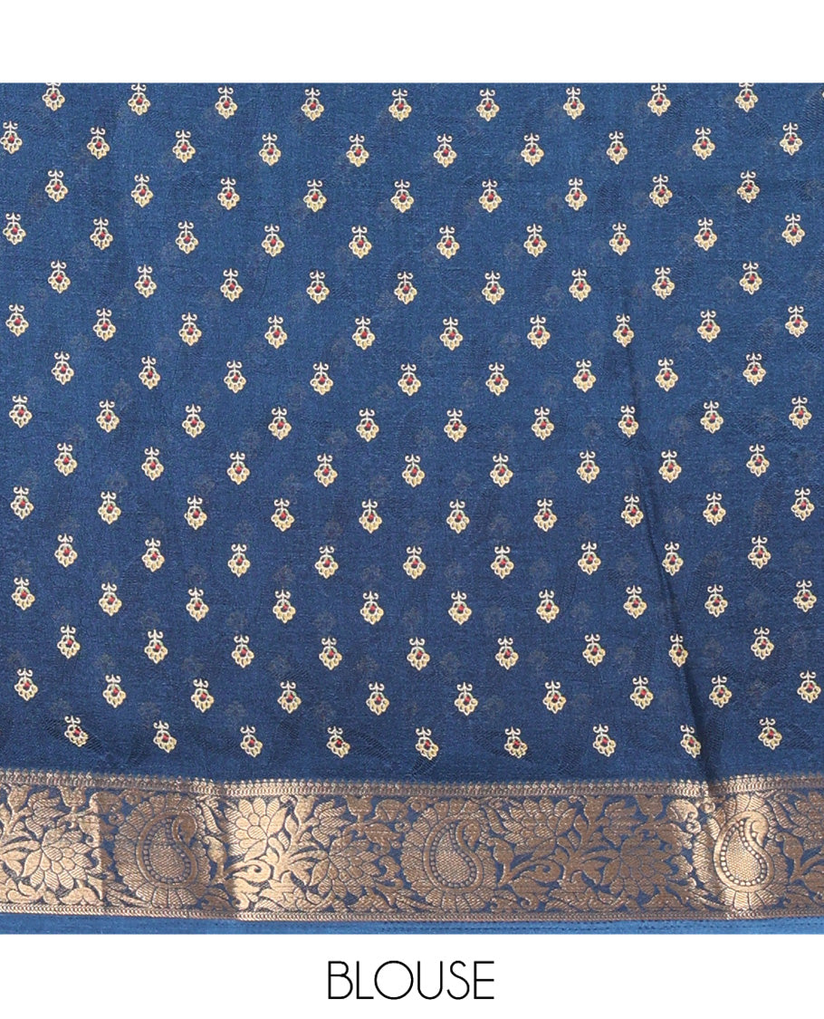 Blue Embossed Moss Chiffon Saree, a Zari Floral-Paisley Vine Border, Contrast Mughal-Style Pallu, and a Matching Blouse