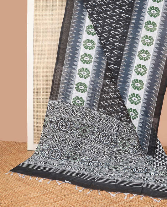 Black floral motifs mul mul cotton saree with contrast temple, floral design border & floral design pallu