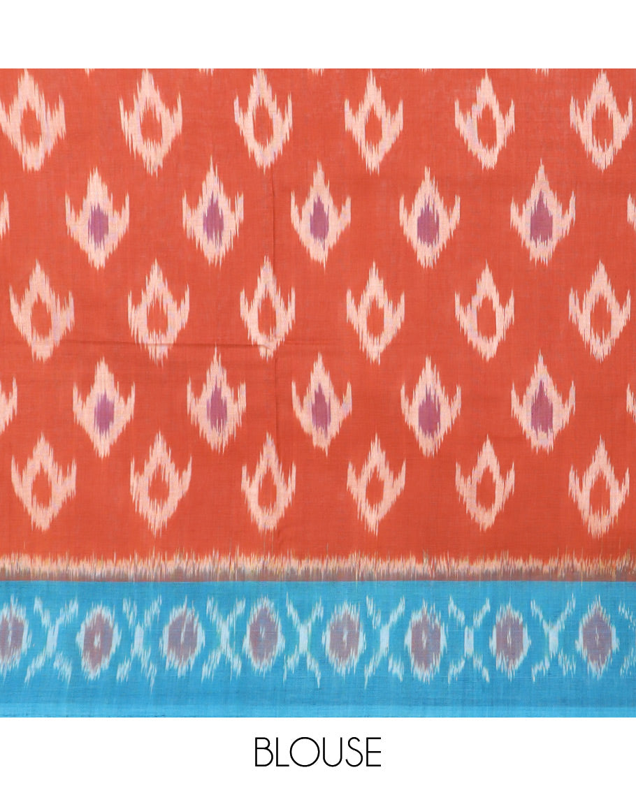 Red floral motifs ikkat cotton saree with contrast border & geometric design pallu