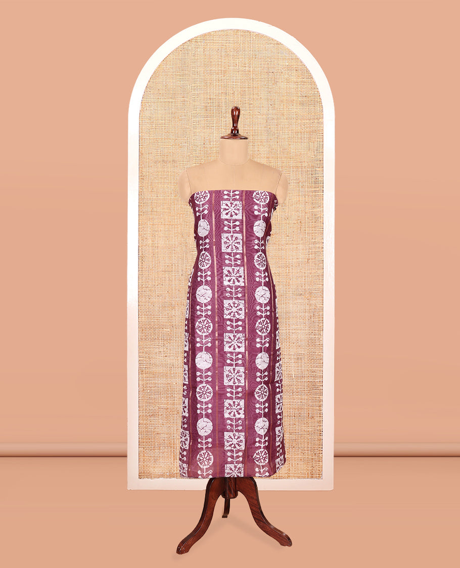 Purple Chanderi Material Chudidar Features Batik Printed Top, a Matching Bottom, and Batik Printed Dupatta
