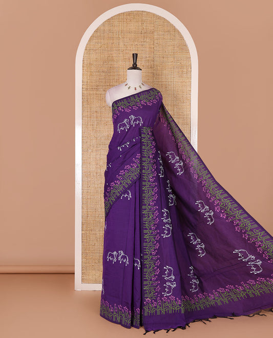 Borderless violet camel motifs and geometric patterns, handblock printed poly cotton saree, handblock printed pallu, and contrast printed blouse