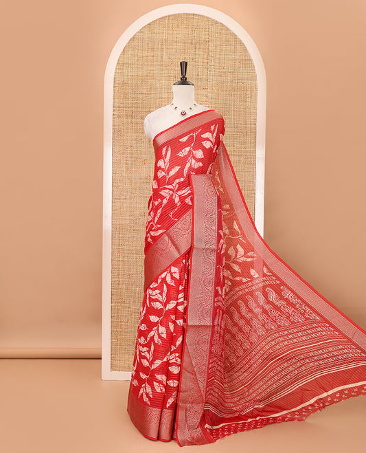 Red dotted striped & batik leaf printed viscose georgette saree, traditional design zari border, intricate pallu & blouse of print & zari work