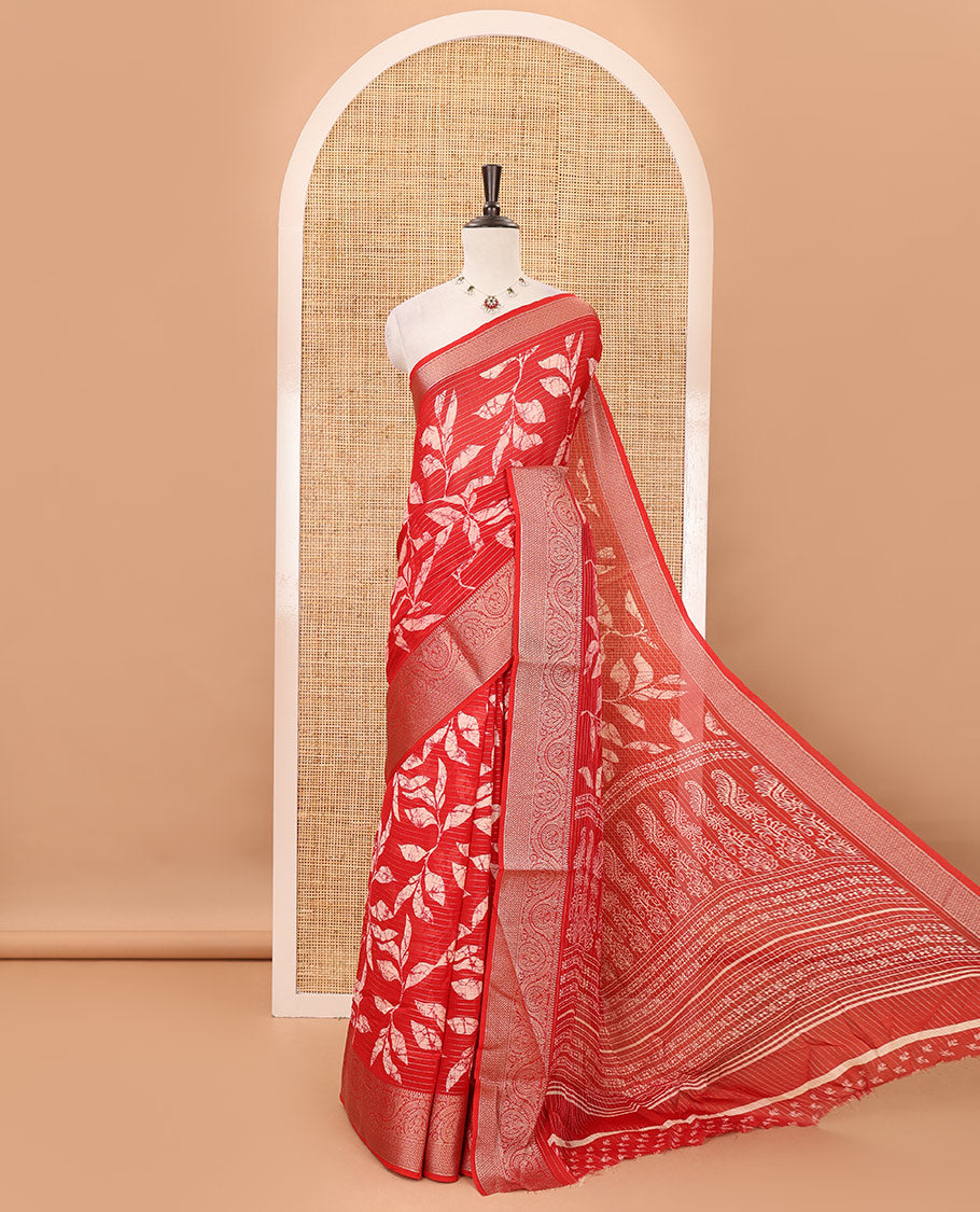 Red dotted striped & batik leaf printed viscose georgette saree, traditional design zari border, intricate pallu & blouse of print & zari work