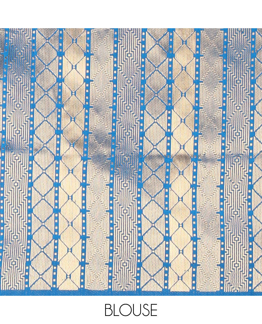Peacock blue banaras style mango butta dola raw silk saree with bavanji border & bavanji temple style pallu along with geometrical design blouse