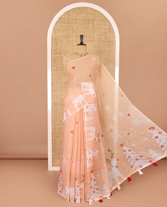 Borderless sandal-base Christmas theme snow flakes, stars, trees, and deer motifs printed linen cotton with a contrast printed blouse of stars and snow flakes