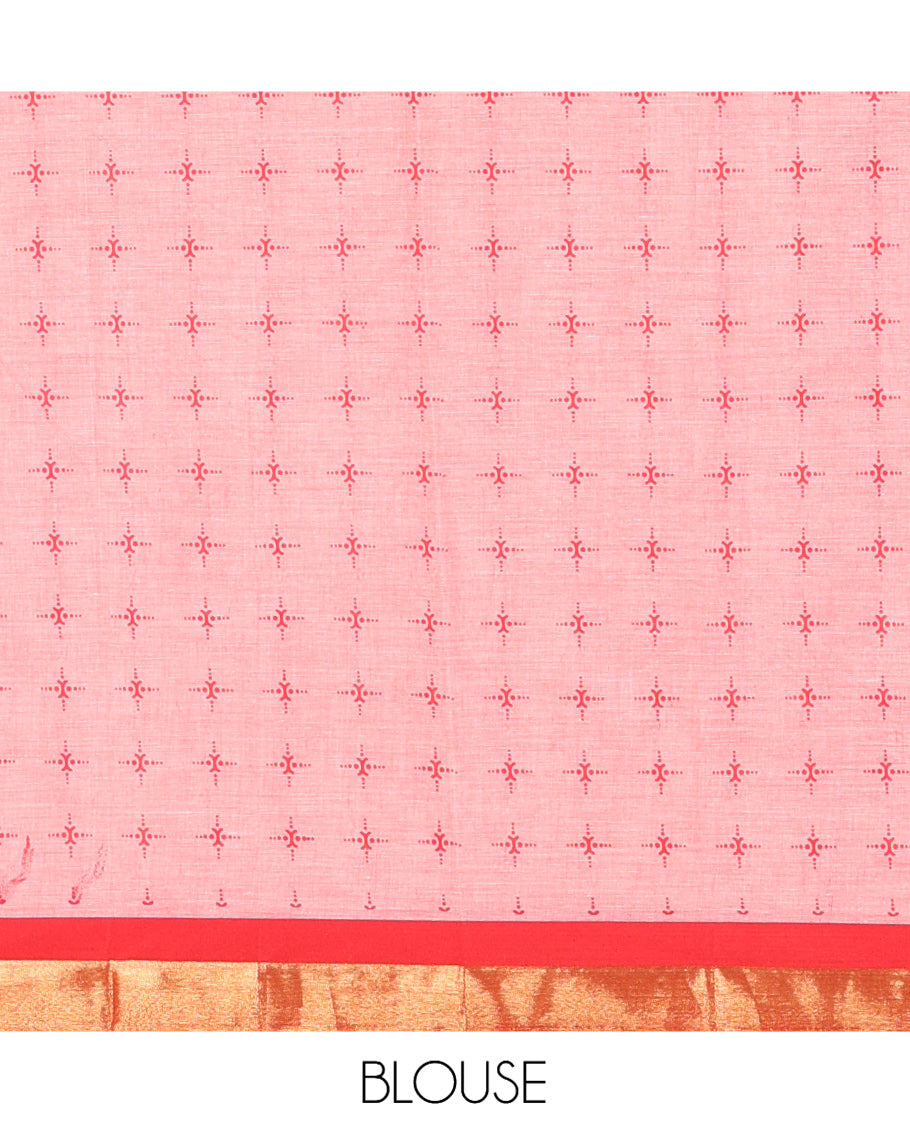 Cream-Red Kerala Cotton Saree Features Tree Print, Contrast Border, and a Contrast Blouse