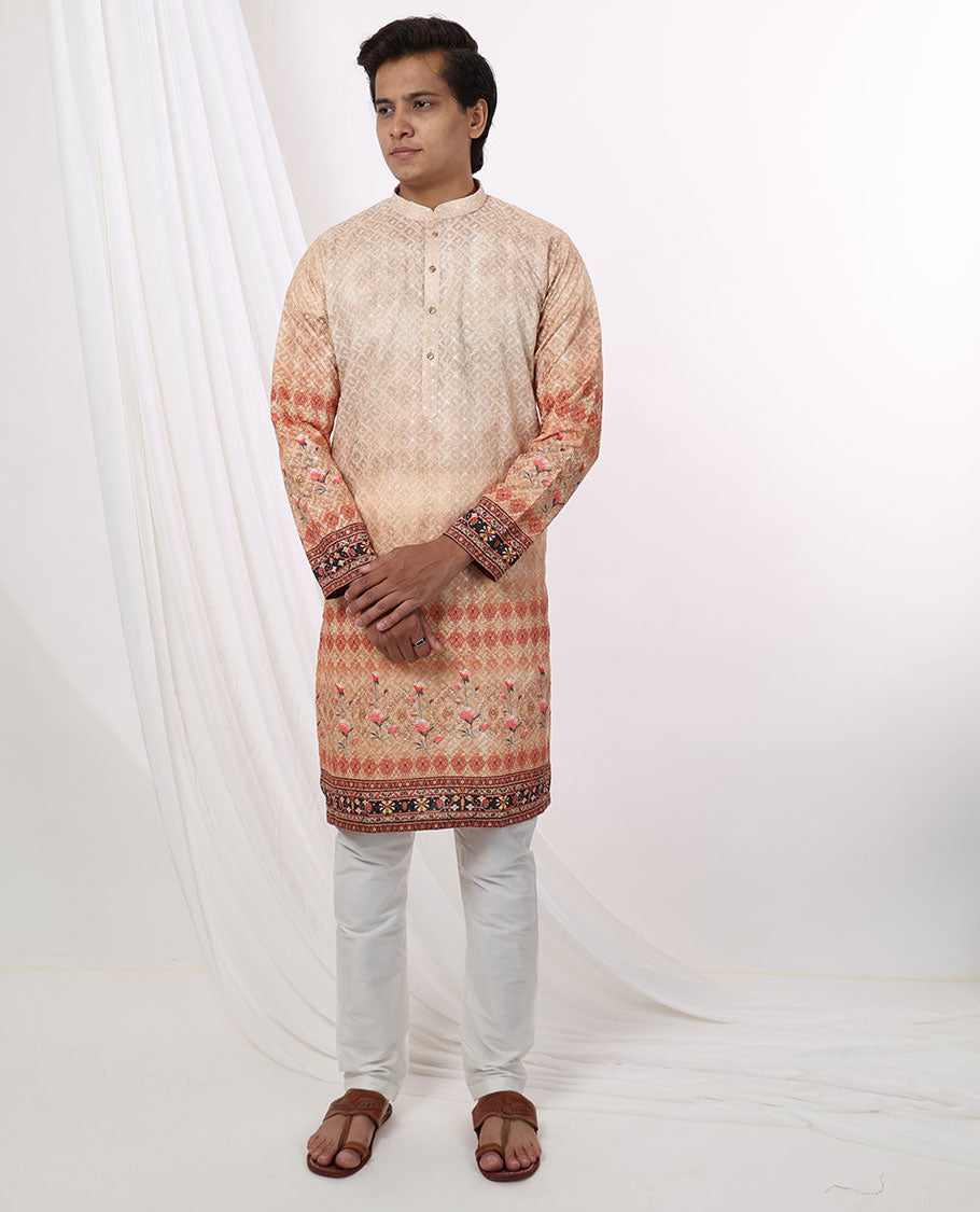 sandal floral jaal embroidered mandarin collar & full-sleeve long raw silk kurta 