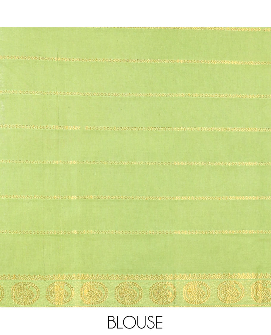 Coffee Brown Plain Sungudi Cotton Saree, Highlighted by Traditional Zari Border of Peacock and Floral Creeper Designs, Subtly Striped Pallu, and Paired with a Contrast Blouse