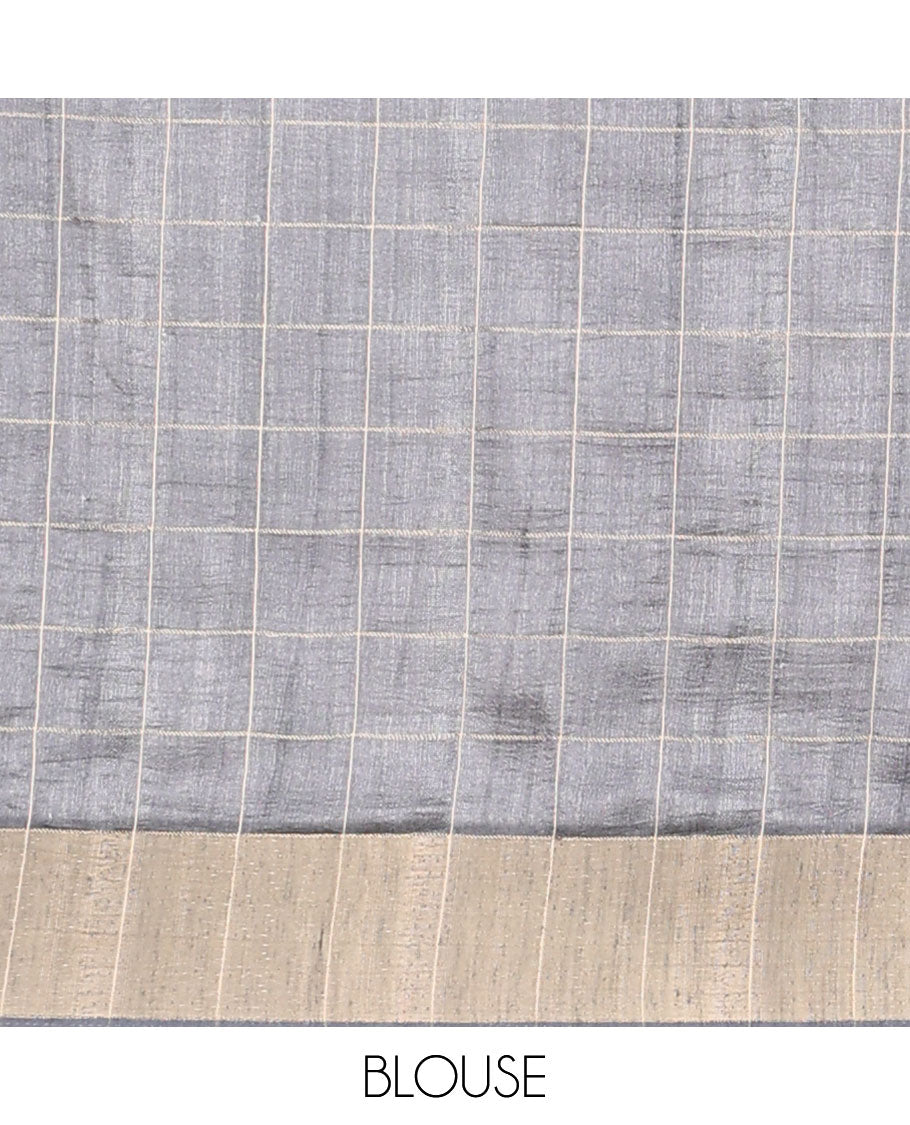 Grey zari checks, digital floral printed semi tussar saree with kicha zari border