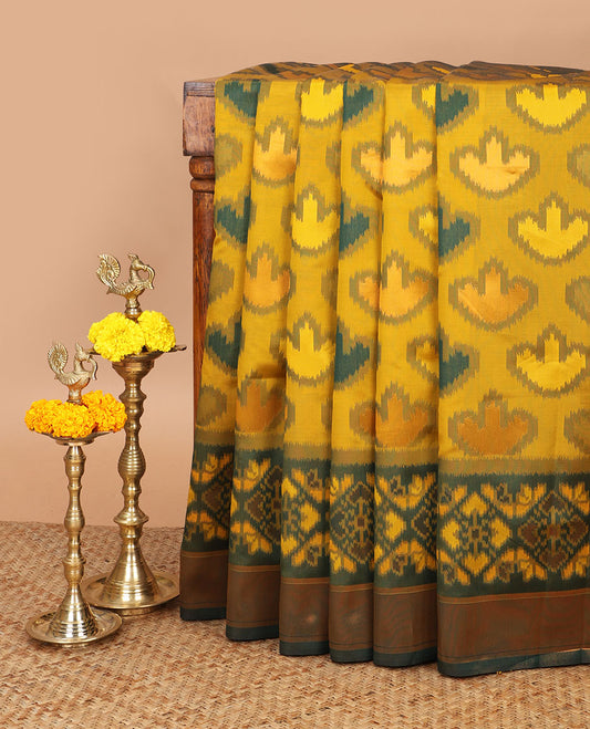 Yellow with green zari pochampalli weaving design mulberry silk saree with bawanchi, ikkat weaving border & rich pochampalli weaving pallu along with plain blouse