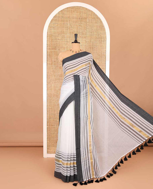 Cream and black plain khadi mul cotton saree with contrast double-sided border of horizontal stripes, striped pallu, and a matching blouse